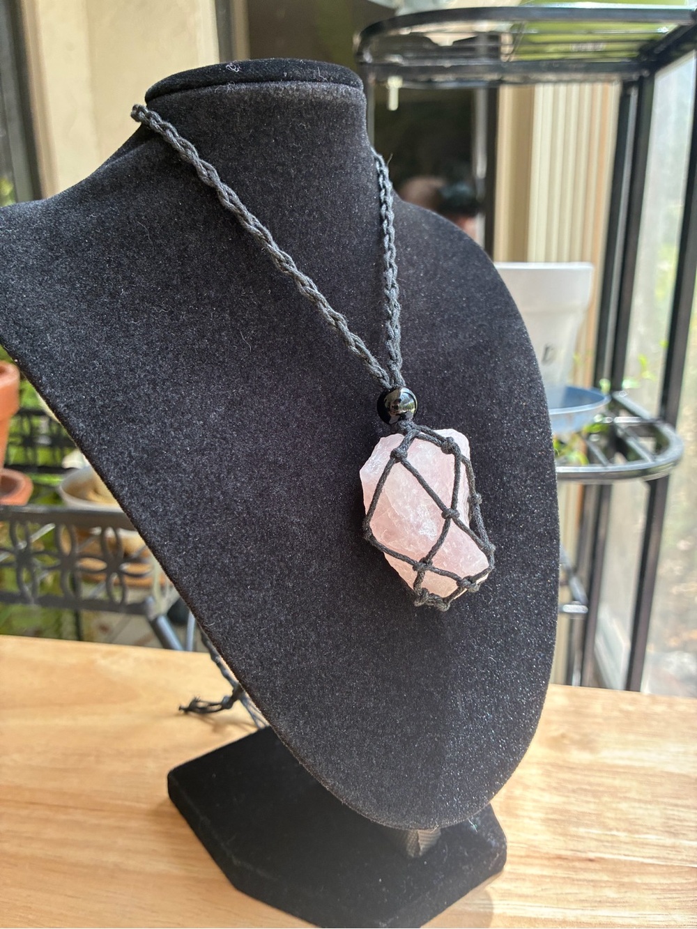 Raw Rose Quartz Macrame Crystal Necklace | Handcrafted Healing Stone Pendant - Picture 8 of 10